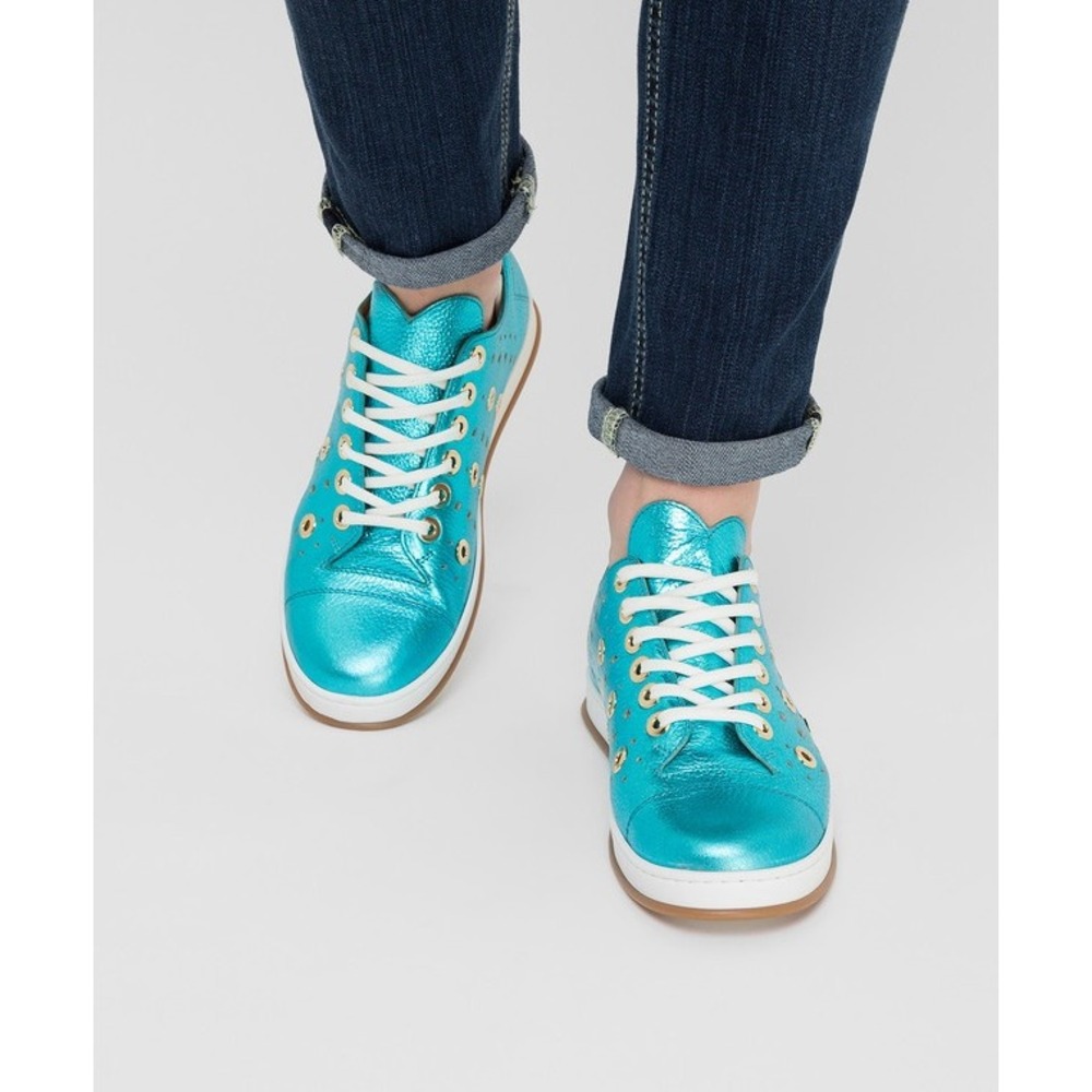 Twinset Metallic Perforated Turquoise Leather Grommet Low Top Blue Sneakers 39